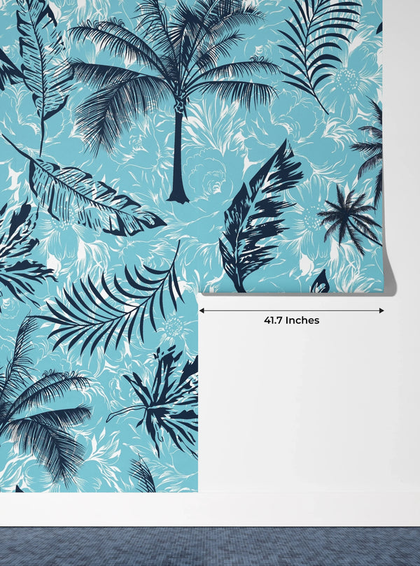 Tropical Plants, Blue Background Wallpaper, Seamless Pattern Mural, Oversized Custom Size Wall Art, Non-Woven, Non-Adhesive, Modern Wall Paper, Removable