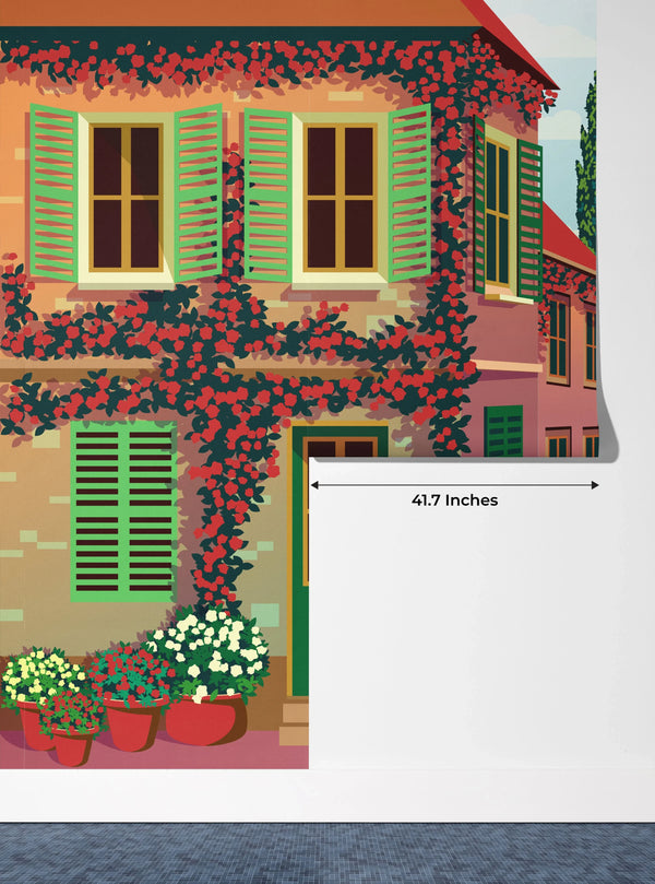Village Square Wallpaper, Traditional Houses, Potted Flowers Mural, Oversized Custom Size Wall Art, Non-Woven, Non-Adhesive, Modern Wall Paper, Removable