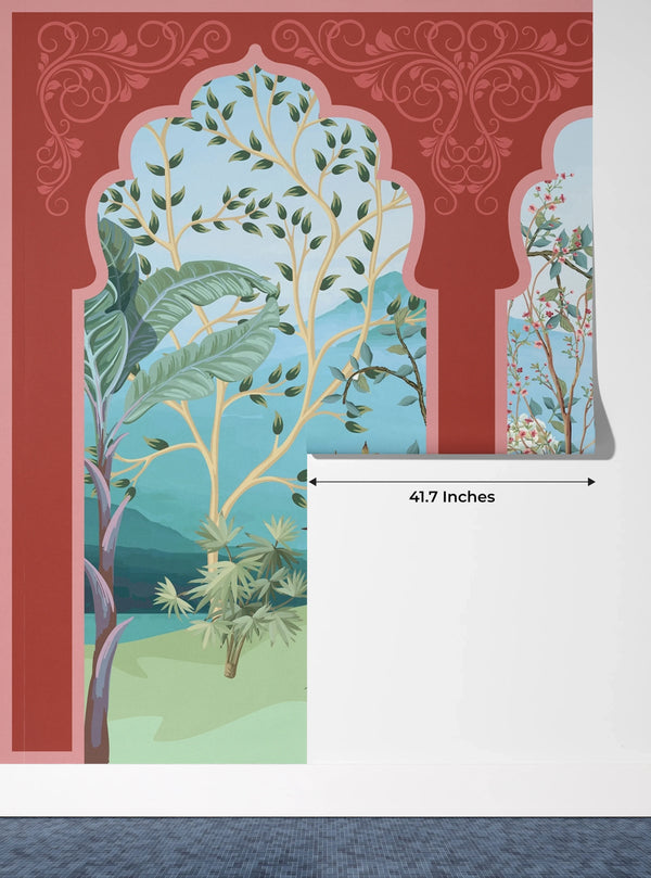 Traditional Mughal Garden Wallpaper, Peacock, Red Arch Mural, Oversized Custom Size Wall Art, Non-Woven, Non-Adhesive, Modern Wall Paper, Removable