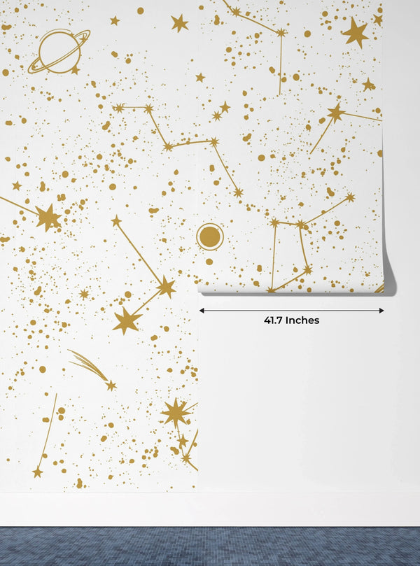 Golden Constellation Wallpaper, White Background Mural, Oversized Custom Size Wall Art, Non-Woven, Non-Adhesive, Modern Wall Paper, Removable