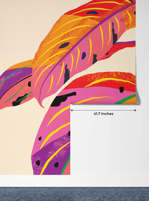 Tropical Plant Wallpaper, Colorful Leaves Mural, Oversized Custom Size Wall Art, Non-Woven, Non-Adhesive, Modern Wall Paper, Removable