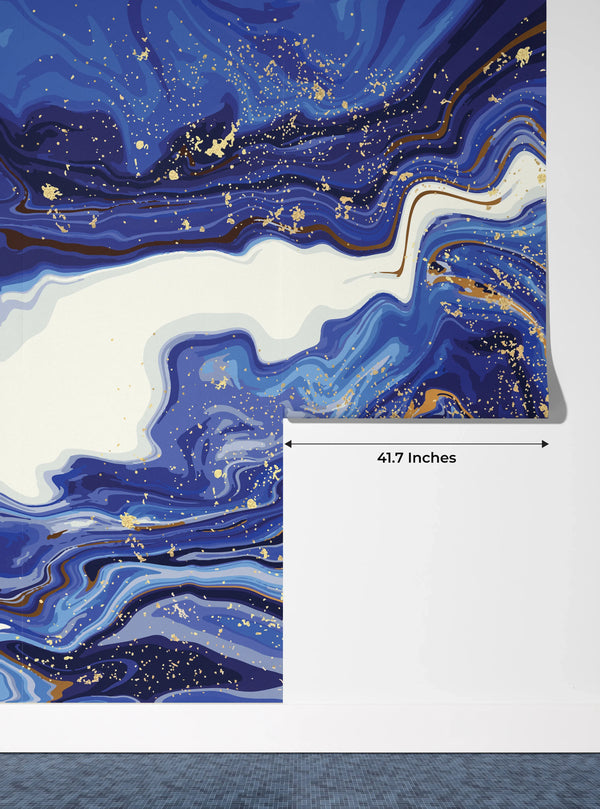 Blue Marble Wallpaper, Gold Abstract Mural, Oversized Custom Size Wall Art, Non-Woven, Non-Adhesive, Modern Wall Paper, Removable