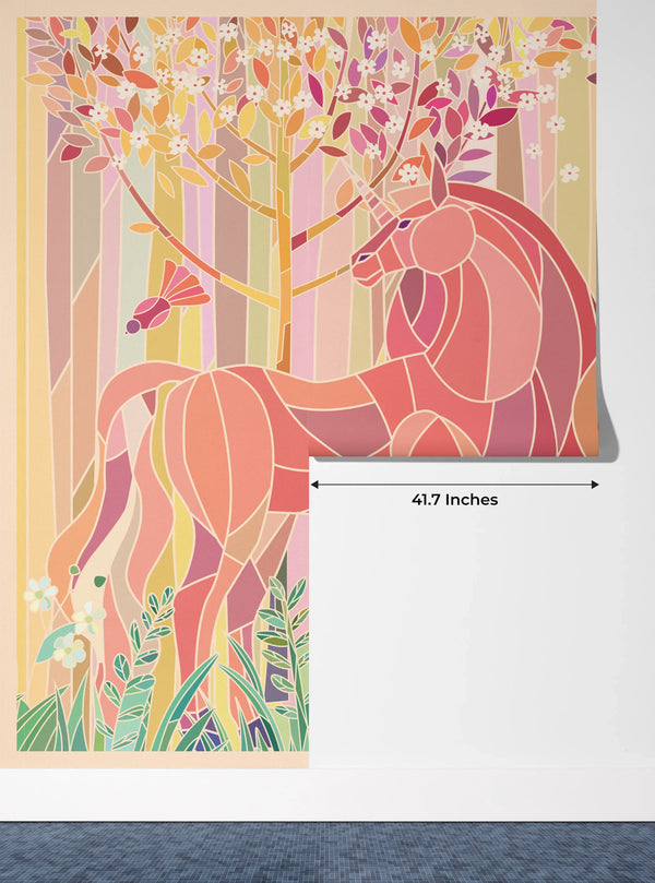 Stained Glass Unicorns Wallpaper, Spring Forest Mural, Oversized Custom Size Wall Art, Non-Woven, Non-Adhesive, Modern Wall Paper, Removable