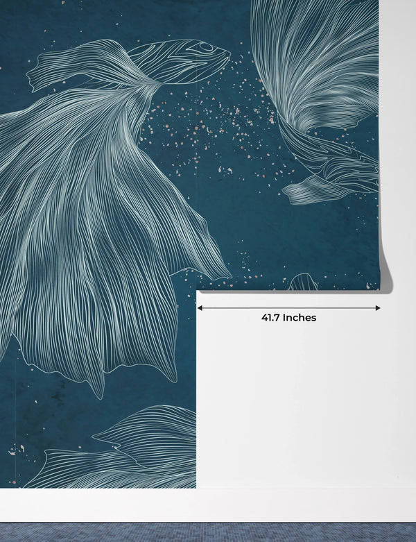 Koi Fish Wallpaper, Silver Line Style Wall Mural, Oversized Custom Size Wall Art, Non-Woven, Non-Adhesive, Modern Wall Paper, Removable