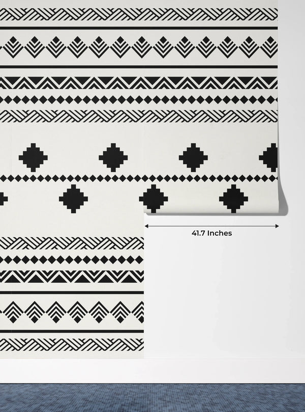 Ethnic Tribal Black and White Wallpaper, Seamless Pattern Mural, Oversized Custom Size Wall Art, Non-Woven, Non-Adhesive, Modern Wall Paper, Removable