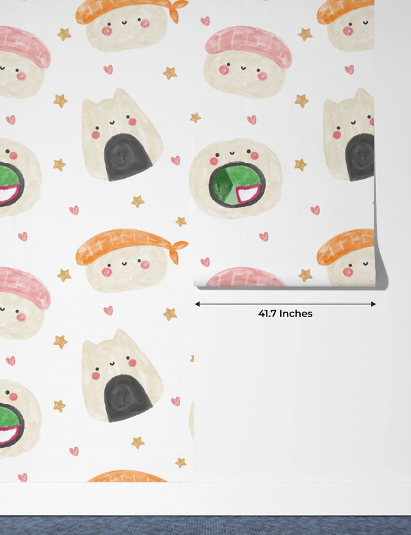 Sushi Kawaii Watercolor Food Wallpaper, Seamless Pattern Mural, Oversized Custom Size Wall Art, Non-Woven, Non-Adhesive, Modern Wall Paper, Removable