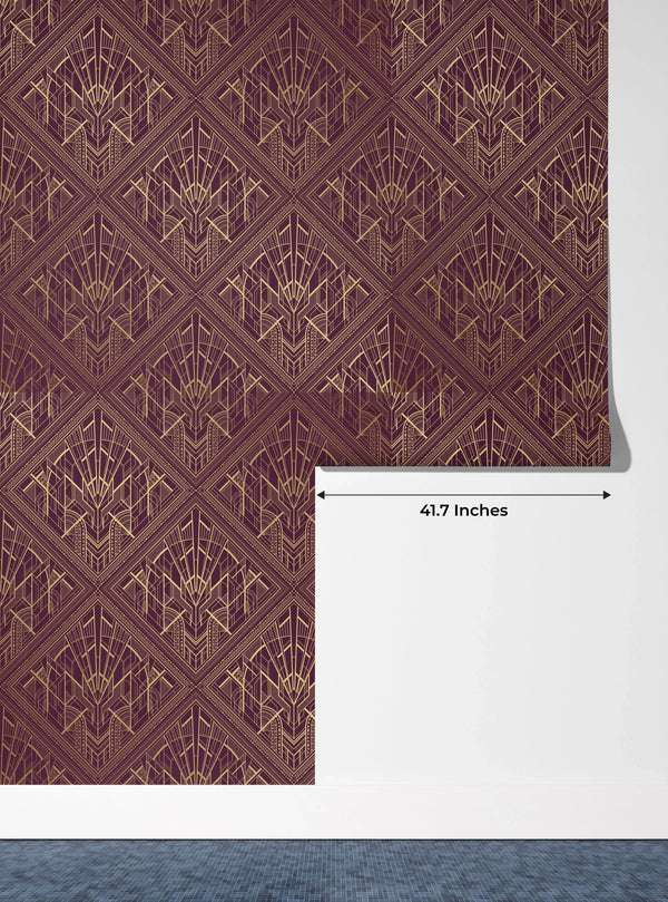 Gold Art Deco Wallpaper, Dark Red Background Mural, Oversized Custom Size Wall Art, Non-Woven, Non-Adhesive, Modern Wall Paper, Removable