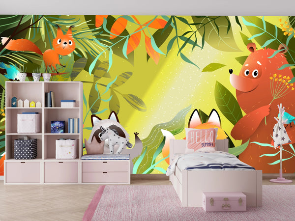 Forest Animals Wallpaper, Wild Woodland Mural, Oversized Custom Size Wall Art, Non-Woven, Non-Adhesive, Modern Wall Paper, Removable