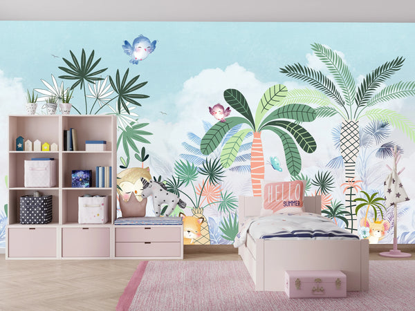 Cute Animals Wallpaper, Forest Mural, Oversized Custom Size Wall Art, Non-Woven, Non-Adhesive, Modern Wall Paper, Removable