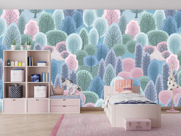 Winter Forest Wallpaper, Seamless Pattern Mural, Oversized Custom Size Wall Art, Non-Woven, Non-Adhesive, Modern Wall Paper, Removable