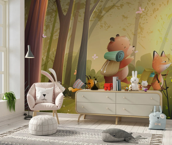 Cute Wild Forest Wallpaper, Animals Mural, Oversized Custom Size Wall Art, Non-Woven, Non-Adhesive, Modern Wall Paper, Removable