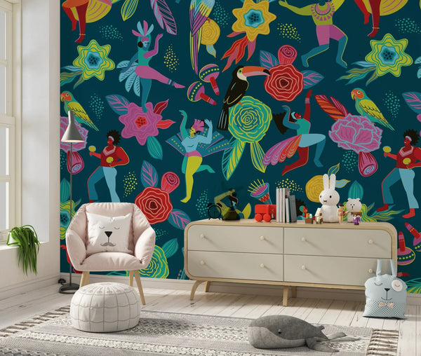 Abstract Colorful People Wallpaper, Seamless Pattern Mural, Oversized Custom Size Wall Art, Non-Woven, Non-Adhesive, Modern Wall Paper, Removable