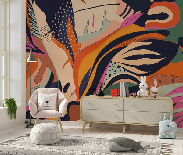 Exotic Jungle Plants Wallpaper, Abstract Mural, Oversized Custom Size Wall Art, Non-Woven, Non-Adhesive, Modern Wall Paper, Removable