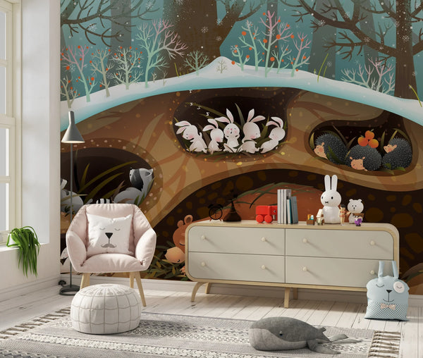 Forest Animals Wallpaper, Sleeping in Den Mural, Oversized Custom Size Wall Art, Non-Woven, Non-Adhesive, Modern Wall Paper, Removable