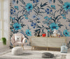 Blue Floral Wallpaper, Seamless Pattern Mural, Oversized Custom Size Wall Art, Non-Woven, Non-Adhesive, Modern Wall Paper, Removable
