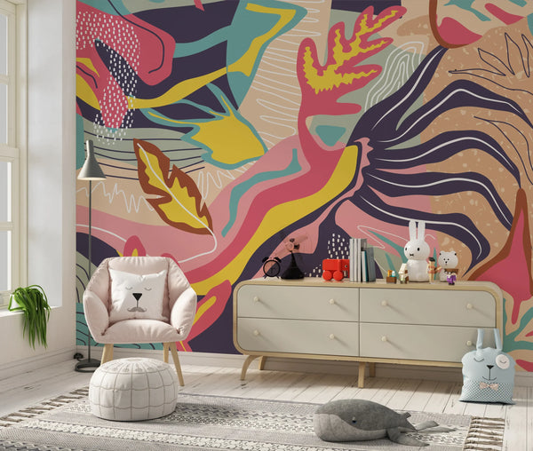 Tropical Floral Wallpaper, Abstract Mural, Oversized Custom Size Wall Art, Non-Woven, Non-Adhesive, Modern Wall Paper, Removable