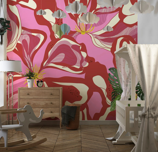 Abstract Red Flowers Wallpaper, Seamless Pattern Mural, Oversized Custom Size Wall Art, Non-Woven, Non-Adhesive, Modern Wall Paper, Removable