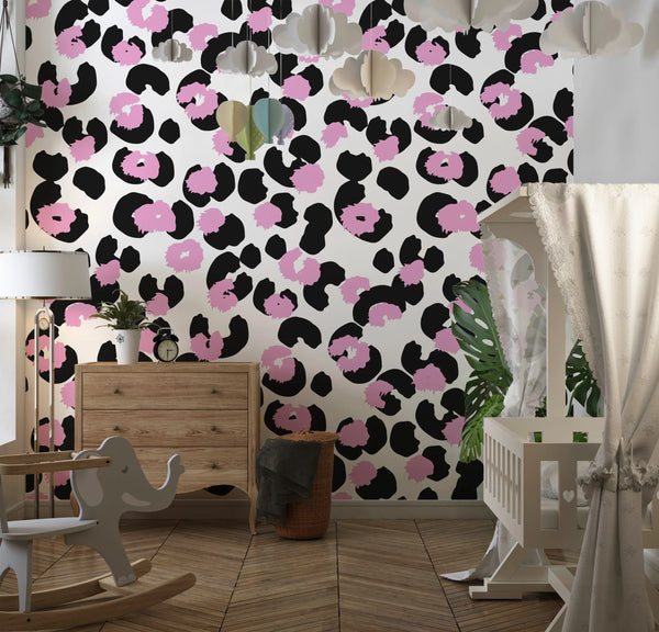 Pink and Black Leopard Wallpaper, Seamless Pattern Mural, Oversized Custom Size Wall Art, Non-Woven, Non-Adhesive, Modern Wall Paper, Removable