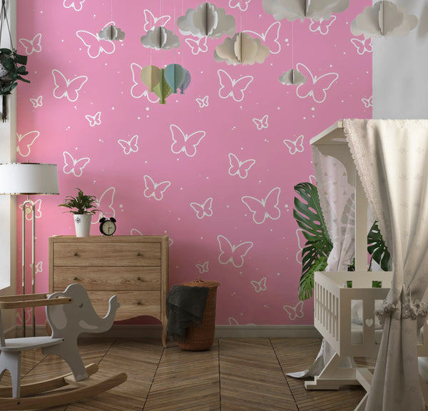 Butterflies, Pink Background Wallpaper, Seamless Pattern Mural, Oversized Custom Size Wall Art, Non-Woven, Non-Adhesive, Modern Wall Paper, Removable