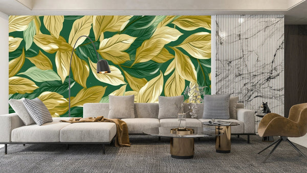 Gold and Light Green Small Leaves Wallpaper, Seamless Pattern Mural, Oversized Custom Size Wall Art, Non - Woven, Non - Adhesive, Modern Wall Paper, Removable - Adawall Wallpaper - Registered Trade Accounts Only, Wallpaper Wholesale Account - W77904 - Adawall Wholesale - Wallpaper Wholesaler