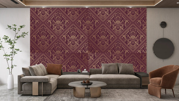 Gold Art Deco Wallpaper, Dark Red Background Mural, Oversized Custom Size Wall Art, Non - Woven, Non - Adhesive, Modern Wall Paper, Removable - Adawall Wallpaper - Registered Trade Accounts Only, Wallpaper Wholesale Account - W77804 - Adawall Wholesale - Wallpaper Wholesaler