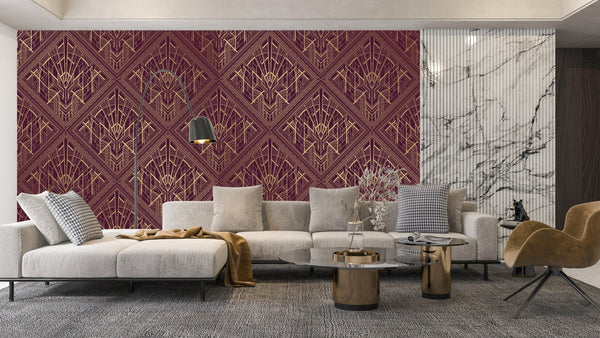 Gold Art Deco Wallpaper, Dark Red Background Mural, Oversized Custom Size Wall Art, Non - Woven, Non - Adhesive, Modern Wall Paper, Removable - Adawall Wallpaper - Registered Trade Accounts Only, Wallpaper Wholesale Account - W77804 - Adawall Wholesale - Wallpaper Wholesaler
