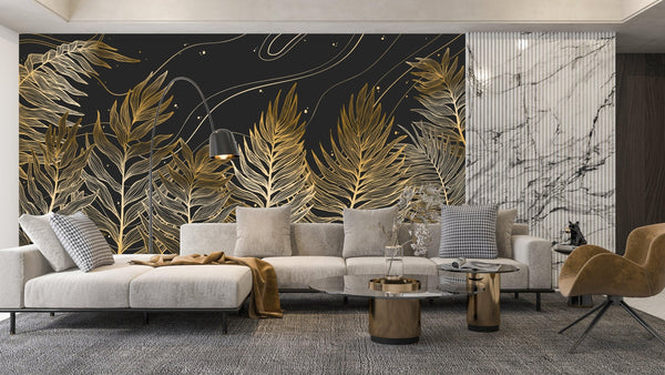 Golden Exotic Palm Leaves Wallpaper, Seamless Pattern Mural, Oversized Custom Size Wall Art, Non - Woven, Non - Adhesive, Modern Wall Paper, Removable - Adawall Wallpaper - Registered Trade Accounts Only, Wallpaper Wholesale Account - W78062 - Adawall Wholesale - Wallpaper Wholesaler
