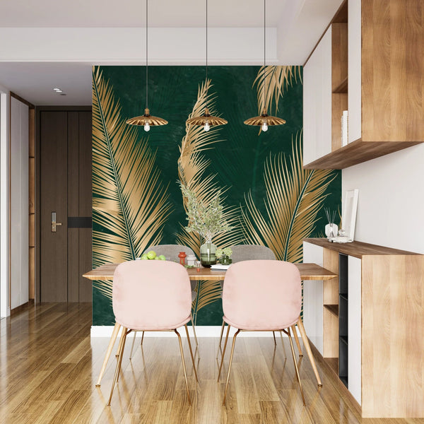 Golden Palm Leaves Wallpaper, Luxury Dark Green Art Background Mural, Oversized Custom Size Wall Art, Non - Woven, Non - Adhesive, Modern Wall Paper, Removable - Adawall Wallpaper - Registered Trade Accounts Only, Wallpaper Wholesale Account - W77514 - Adawall Wholesale - Wallpaper Wholesaler