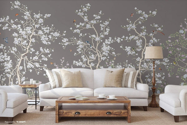 Gray Chinoiserie Floral Wall Mural, Birds Tree Flowers Wallpaper, Custom Size Wall Covering, Non - Woven, Non - Adhesive, Removable, Washable - Adawall Wallpaper - Registered Trade Accounts Only, Wallpaper Wholesale Account - FJ304-3 - Adawall Wholesale - Wallpaper Wholesaler