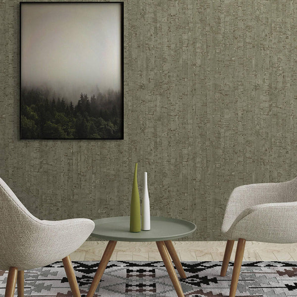 Green Cork Textured Wallpaper, Wood Tree Bark Grain Design Stylish Realistic Wallcovering - Walloro High End Wallcoverings & More