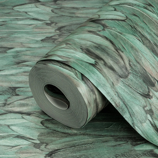 Green Feathers Pattern Embossed Wallpaper, Tropical 3D Textured Birds Vivid Wallcovering - Walloro High End Wallcoverings & More