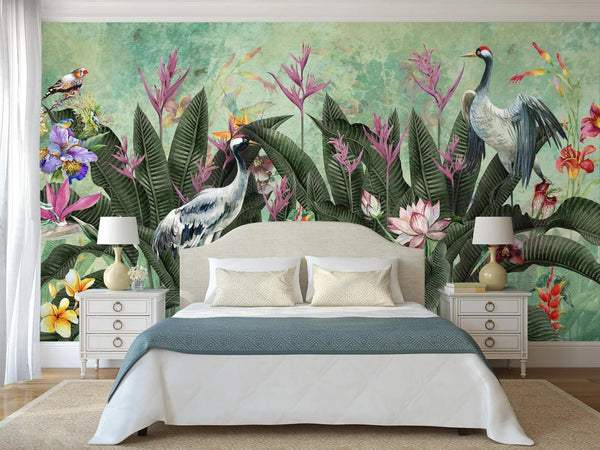 Green Jungle Birds Wallpaper, Nature Forest Tropical Theme Wall Mural, Extra Large Customizable, Non - Adhesive, Removable Wall Paper, Leaves Flower - Adawall Wallpaper - Registered Trade Accounts Only, Wallpaper Wholesale Account - A314-1 - Adawall Wholesale - Wallpaper Wholesaler