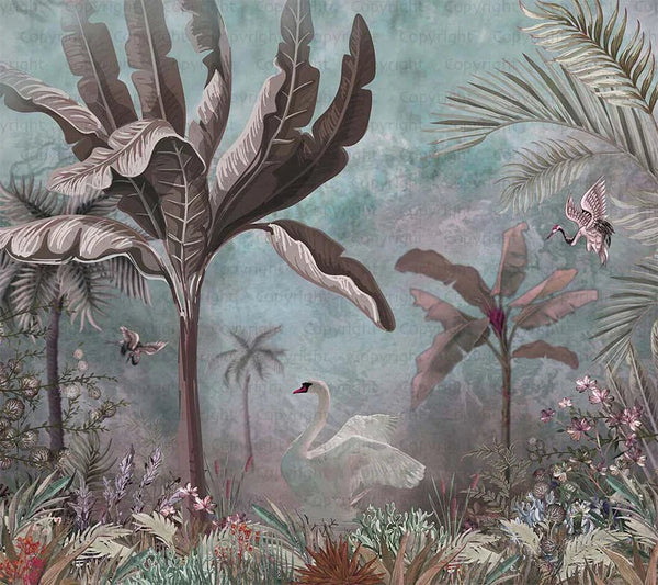 Green Modern Luxury Tropical Wallpaper, Swan, Non - Woven Custom Wall Mural, Non - Adhesive, Washable, Decorative, Removable, Home Decor Wall Art - Adawall Wallpaper - Registered Trade Accounts Only, Wallpaper Wholesale Account - A302-1 - Adawall Wholesale - Wallpaper Wholesaler