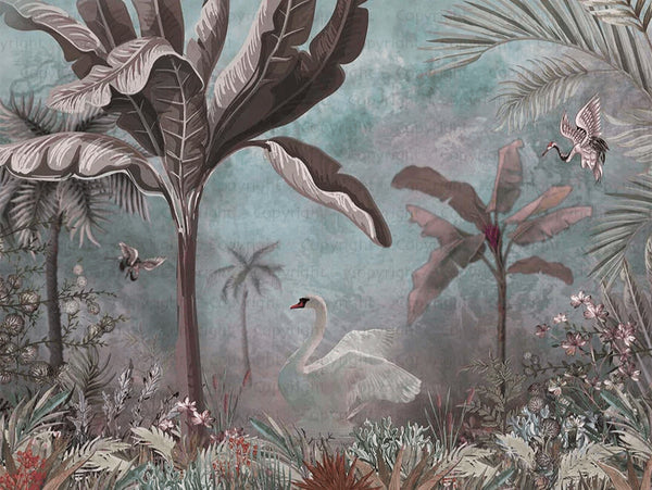 Green Modern Luxury Tropical Wallpaper, Swan, Non - Woven Custom Wall Mural, Non - Adhesive, Washable, Decorative, Removable, Home Decor Wall Art - Adawall Wallpaper - Registered Trade Accounts Only, Wallpaper Wholesale Account - t_A302-1 - Adawall Wholesale - Wallpaper Wholesaler