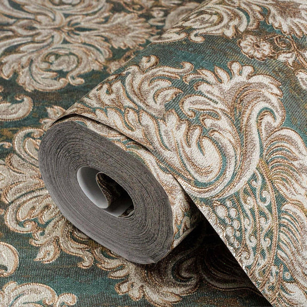Green Rich Baroque Damask Wallpaper Deep Embossed Shimmering Vintage Design - Adawall Wallpaper - Registered Trade Accounts Only, Wallpaper Wholesale Account - 7807-4 - Adawall Wholesale - Wallpaper Wholesaler