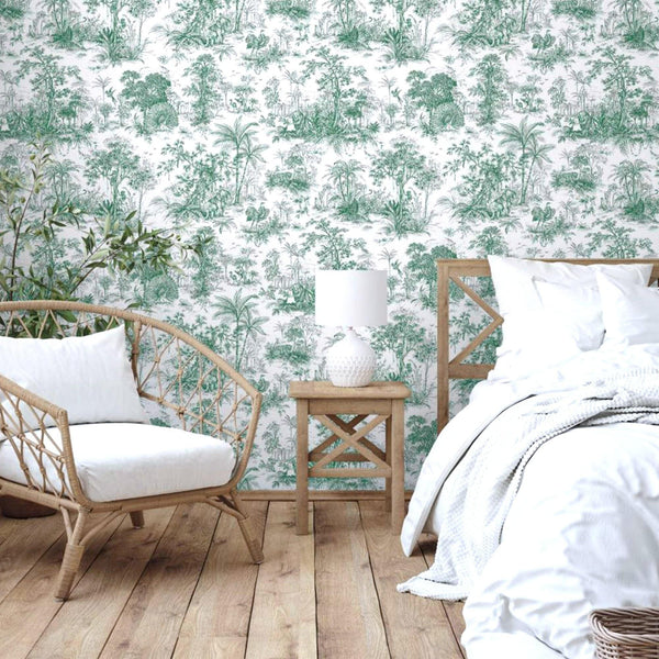 Green Tropical Toile Textured Wallpaper, Stylish Plants Animals Jungle Forest Theme Wallcovering - Adawall Wallpaper - Registered Trade Accounts Only, Wallpaper Wholesale Account - 9909-3 - Adawall Wholesale - Wallpaper Wholesaler