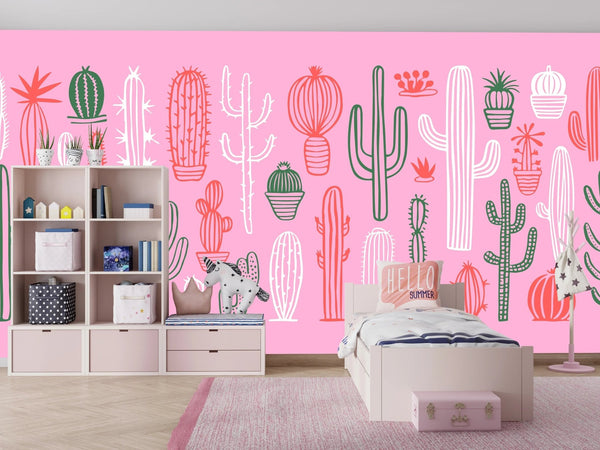 Hand Drawn Cactus Wallpaper, Pink Background Mural, Oversized Custom Size Wall Art, Non - Woven, Non - Adhesive, Modern Wall Paper, Removable - Adawall Wallpaper - Registered Trade Accounts Only, Wallpaper Wholesale Account - W78206 - Adawall Wholesale - Wallpaper Wholesaler