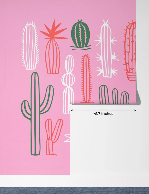 Hand Drawn Cactus Wallpaper, Pink Background Mural, Oversized Custom Size Wall Art, Non - Woven, Non - Adhesive, Modern Wall Paper, Removable - Adawall Wallpaper - Registered Trade Accounts Only, Wallpaper Wholesale Account - W78206 - Adawall Wholesale - Wallpaper Wholesaler