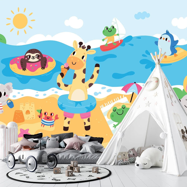 Happy Little Animals Wallpaper, Tropical Beach Mural, Oversized Custom Size Wall Art, Non - Woven, Non - Adhesive, Modern Wall Paper, Removable - Adawall Wallpaper - Registered Trade Accounts Only, Wallpaper Wholesale Account - W78128 - Adawall Wholesale - Wallpaper Wholesaler