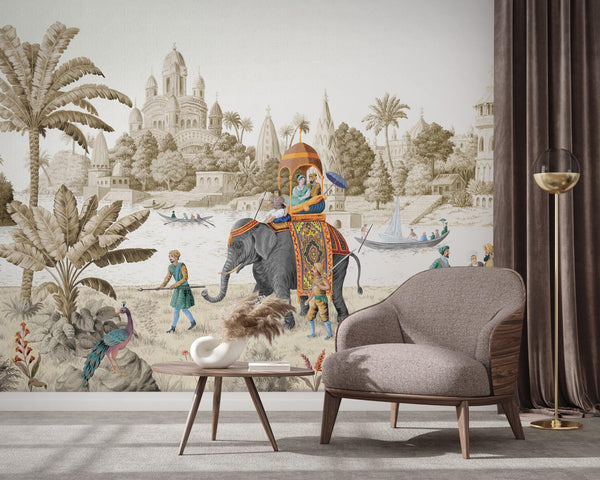 Indian Elephant Scene Wallpaper, Early Morning of India Historical Wall Mural, Beige Custom Size Wall Covering, Non - Woven, Non - Pasted, Removable - Adawall Wallpaper - Registered Trade Accounts Only, Wallpaper Wholesale Account - FJ309-1 - Adawall Wholesale - Wallpaper Wholesaler