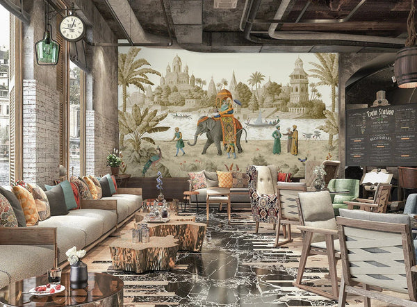 Indian Elephant Scene Wallpaper, Early Morning of India Historical Wall Mural, Beige Custom Size Wall Covering, Non - Woven, Non - Pasted, Removable - Adawall Wallpaper - Registered Trade Accounts Only, Wallpaper Wholesale Account - FJ309-1 - Adawall Wholesale - Wallpaper Wholesaler