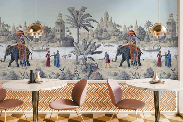 Indian Elephant Scene Wallpaper, Early Morning of India Historical Wall Mural, Blue Custom Size Wall Covering, Non - Woven, Non - Pasted, Removable - Adawall Wallpaper - Registered Trade Accounts Only, Wallpaper Wholesale Account - FJ309-3 - Adawall Wholesale - Wallpaper Wholesaler