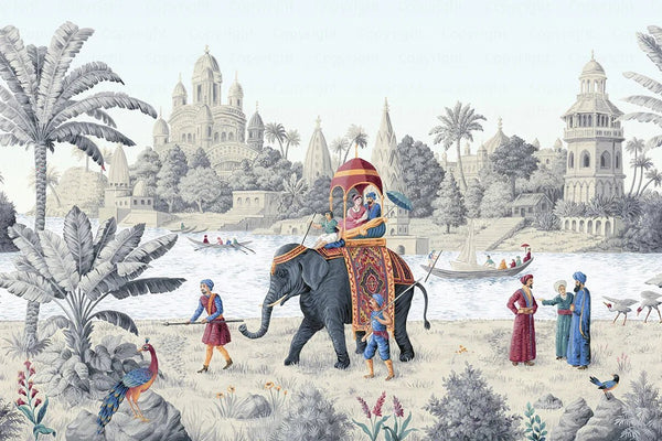 Indian Elephant Scene Wallpaper, Early Morning of India Historical Wall Mural, Blue Custom Size Wall Covering, Non - Woven, Non - Pasted, Removable - Adawall Wallpaper - Registered Trade Accounts Only, Wallpaper Wholesale Account - FJ309-3 - Adawall Wholesale - Wallpaper Wholesaler