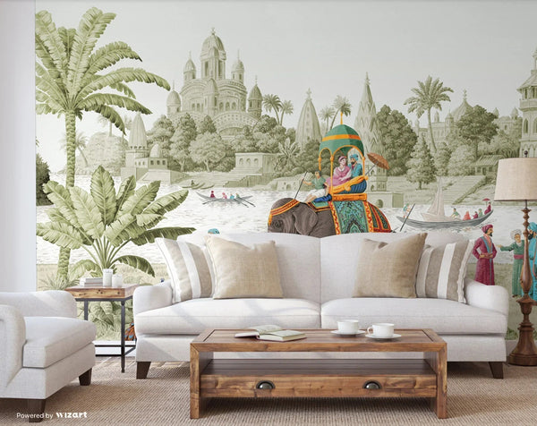 Indian Elephant Scene Wallpaper, Early Morning of India Historical Wall Mural, Green Custom Size Wall Covering, Non - Woven, Non - Pasted, Removable - Adawall Wallpaper - Registered Trade Accounts Only, Wallpaper Wholesale Account - t_FJ309-2 - Adawall Wholesale - Wallpaper Wholesaler