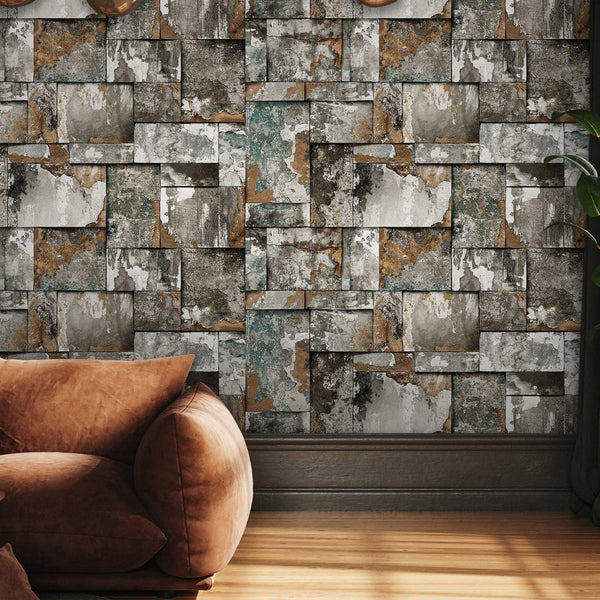 Industrial Rusted Stone Metallic Wallpaper, Realistic 3D Embossed Wall Decor, Industrial Aesthetic Wallcovering - Walloro High End Wallcoverings & More