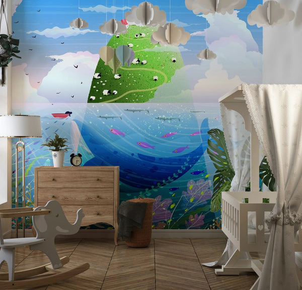 Island in the Ocean Wallpaper, Green Hill Mural, Oversized Custom Size Wall Art, Non - Woven, Non - Adhesive, Modern Wall Paper, Removable - Adawall Wallpaper - Registered Trade Accounts Only, Wallpaper Wholesale Account - W78131 - Adawall Wholesale - Wallpaper Wholesaler