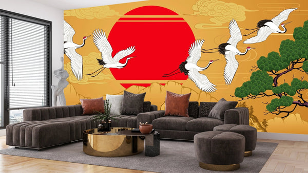 Japanese Landscape Wallpaper, Cranes Mural, Oversized Custom Size Wall Art, Non - Woven, Non - Adhesive, Modern Wall Paper, Removable - Adawall Wallpaper - Registered Trade Accounts Only, Wallpaper Wholesale Account - W77696 - Adawall Wholesale - Wallpaper Wholesaler