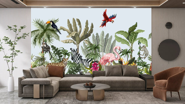Jungle Animals Wallpaper, Flowers Mural, Oversized Custom Size Wall Art, Non - Woven, Non - Adhesive, Modern Wall Paper, Removable - Adawall Wallpaper - Registered Trade Accounts Only, Wallpaper Wholesale Account - W77660 - Adawall Wholesale - Wallpaper Wholesaler