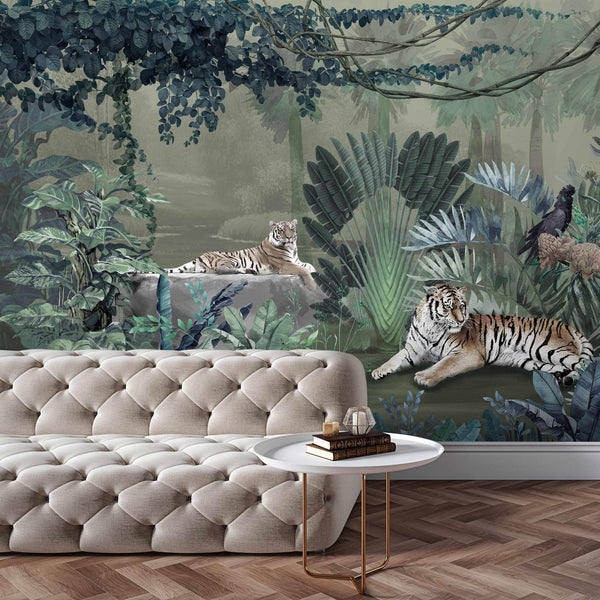 jungle Tigers Wall Mural, Green Nature Forest Theme Wallpaper, Custom Large Wall Mural, Non - Adhesive, Washable, Removable Wall Paper, Birds, Non - Woven Back - Adawall Wallpaper - Registered Trade Accounts Only, Wallpaper Wholesale Account - A311-3 - Adawall Wholesale - Wallpaper Wholesaler