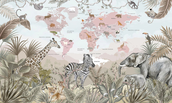 Kids World Map Wallpaper, Safari Animals Mural, Oversized Custom Size Wall Art, Non - Woven, Non - Adhesive, Modern Wall Paper, Removable - Adawall Wallpaper - Registered Trade Accounts Only, Wallpaper Wholesale Account - W78109 - Adawall Wholesale - Wallpaper Wholesaler